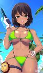  1girl bag bikini black_hair blue_sky blush breasts choker commission dark-skinned_female dark_skin duffel_bag girls_und_panzer gloves green_bikini green_eyes hand_on_own_hip hand_up highres holding holding_water_gun hoshino_(girls_und_panzer) kasai_shin large_breasts navel open_mouth palm_tree pixiv_commission short_hair sky solo stomach strap_gap swimsuit thigh_strap tree water_gun wet white_gloves 