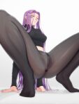  1girl absurdres butt_plug fate/stay_night fate_(series) feet forehead glasses highres long_hair medusa_(fate) medusa_(rider)_(fate) pink_eyes purple_hair pussy sex_toy simple_background sin_quota solo thighhighs uncensored very_long_hair white_background 