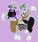  5_fingers alolan_form alolan_meowth anthro blue_eyes bottomwear breasts clothing collar duo english_text eye_patch eyewear female fingers gesture grey_body hi_res jacket male navel nintendo pants pokemon pokemon_(species) purple_background regional_form_(pokemon) simple_background tail tattoorexy text topwear v_sign whiskers 