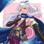  1girl bandages black_gloves blue_scarf chest_sarashi commentary_request cowboy_shot elbow_gloves fire_emblem fire_emblem:_radiant_dawn fire_emblem_heroes gloves grin highres japanese_clothes katana kimono long_hair looking_at_viewer marth-chan_(micaiah_mrmm) micaiah_(fire_emblem) micaiah_(ninja)_(fire_emblem) ninja official_alternate_costume official_alternate_hairstyle pink_lips ponytail purple_kimono sarashi scabbard scarf scroll sheath sheathed sleeveless sleeveless_kimono smile solo standing sword very_long_hair weapon white_hair 