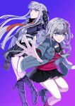  2girls black_footwear black_jacket black_ribbon black_skirt book boots braid breasts clenched_teeth collared_shirt danganronpa:_trigger_happy_havoc danganronpa_(series) frown gradient_background grey_jacket hair_ribbon hairband hand_in_own_hair hand_up high_heel_boots high_heels highres holding holding_book jacket kirigiri_kyoko knee_boots kurumi_wendy kusatakesi large_breasts long_sleeves looking_at_viewer looking_up master_detective_archives:_rain_code miniskirt multiple_girls necktie open_clothes open_jacket orange_necktie pale_skin pink_background pleated_skirt purple_background red_shirt ribbon shirt side_braid simple_background single_braid skirt teeth white_shirt 