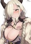  1girl absurdres asymmetrical_bangs azur_lane black_gloves blonde_hair blush braid breasts cleavage dated earrings fishnets gloves hair_ornament hair_over_one_eye hairclip highres holding holding_hair horns jewelry large_breasts lips long_bangs long_hair looking_to_the_side low_twin_braids mole mole_under_mouth one_eye_covered open_mouth owari_(azur_lane) simple_background solo sunebu_(snake_boo2) twin_braids upper_body very_long_hair white_background yellow_eyes 