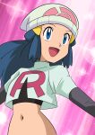  1girl :d absurdres beanie blue_eyes blue_hair cosplay dawn_(pokemon) hainchu hat highres jessie_(pokemon) jessie_(pokemon)_(cosplay) long_hair navel open_mouth pokemon pokemon_(anime) smile solo team_rocket team_rocket_uniform 