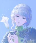  1girl artist_name blue_eyes blue_hair blurry blurry_background braid cainlawiet commentary crown_braid fire_emblem fire_emblem:_three_houses flower garreg_mach_monastery_uniform holding holding_flower marianne_von_edmund open_mouth simple_background smile solo teeth upper_body upper_teeth_only 