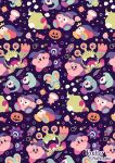  bandana bandana_waddle_dee blue_bandana candy elfilin fangs food ghost_gordo halloween hat highres invincible_candy jack-o&#039;-lantern kirby kirby_(series) kirby_and_the_forgotten_land mariel_(kirby) notched_ear one-eyed phanta_(kirby) raku_ura rocket smile solid_oval_eyes spookstep surprise_alien_board surprised twitter_username witch_hat 