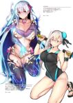  2girls armor aura bikini_armor black_one-piece_swimsuit blue_eyes breasts character_request cleavage closed_mouth collarbone comiket_97 dagger dual_wielding fate/grand_order fate_(series) full_body glowing hair_bun hair_ornament holding holding_dagger holding_knife holding_weapon knife large_breasts long_hair looking_at_viewer multiple_girls one-piece_swimsuit pink_eyes rib:y(uhki) sandals simple_background single_hair_bun smile swimsuit toes very_long_hair weapon white_background white_hair wristband 