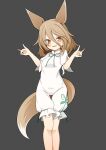  1girl :d animal_ears black_background brown_hair brown_pupils commentary_request double_fox_shadow_puppet feet_out_of_frame fox_ears fox_girl fox_shadow_puppet fox_tail hair_between_eyes hekkmushi highres jumpsuit kudamaki_tsukasa looking_at_viewer open_mouth short_hair simple_background smile solo tail touhou white_jumpsuit 