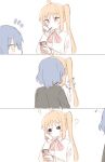  blonde_hair blue_hair bocchi_the_rock! food food_in_mouth green_eyes highres ijichi_nijika pocky pocky_in_mouth pocky_kiss red_eyes rogu_(log_264) side_ponytail yamada_ryo yuri 