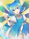  1girl blue_eyes blue_hair bow cirno d: dress embellished_costume hair_between_eyes hair_bow hand_up ice ice_wings index_finger_raised puffy_sleeves short_hair short_sleeves simple_background solo touhou utagi_0216 wings wrist_cuffs yellow_background 