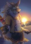  2023 abs ama_imakuma anthro beach bottomwear brown_body brown_fur canid canine canis clothing food fur hi_res holding_food holding_object jackal lifewonders looking_at_viewer male mammal navel sand sea seaside seth_(tas) shorts solo sunset tokyo_afterschool_summoners water white_body white_fur 