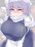  1girl apron blush breasts closed_mouth commentary_request huge_breasts lapel_pin letty_whiterock looking_back purple_eyes purple_hair qralto scarf short_hair signature smile solo touhou upper_body variant_set waist_apron white_apron white_headwear white_scarf 