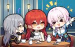  &gt;_&lt; 3girls black_gloves cavcaz cup gloves grey_hair hand_on_own_cheek hand_on_own_face himeko_(honkai:_star_rail) holding holding_cup holding_plate honkai:_star_rail honkai_(series) kettle long_hair march_7th_(honkai:_star_rail) multiple_girls murata_himeko open_mouth orange_eyes pink_hair plate red_hair short_hair stelle_(honkai:_star_rail) teacup trailblazer_(honkai:_star_rail) yellow_eyes 