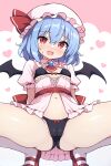  1girl adapted_costume bat_wings black_bra black_panties black_wings blue_hair blush bra collared_shirt hair_between_eyes hat hat_ribbon heart highres looking_at_viewer mob_cap navel open_mouth panties pink_headwear pink_shirt red_eyes red_footwear red_ribbon remilia_scarlet ribbon rizento shirt shoes short_hair short_sleeves smile socks solo squatting touhou underwear white_socks wings 