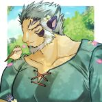  1boy absurdres animal_ears animal_on_shoulder aqua_hair bara beard bird bird_on_shoulder cat_ears cross-laced_slit facial_hair fire_emblem flower highres large_pectorals looking_at_animal male_focus mature_male mordecai_(fire_emblem) muscular muscular_male omlililimo pectorals pink_flower short_hair smile solo upper_body 