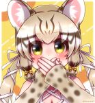  1girl animal_ears bare_shoulders cat_ears cat_girl extra_ears geoffroy&#039;s_cat_(kemono_friends) green_eyes grey_hair highres hikarikmy kemono_friends kemono_friends_v_project long_hair looking_at_viewer ribbon shirt simple_background solo twintails upper_body virtual_youtuber yellow_background 