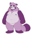  2023 anthro apricotsammi belly big_belly biped canid canine hi_res mammal nipples purple_body raccoon_dog sad simple_background solo tanuki white_background 