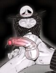  bodily_fluids bone bottomless bottomwear bottomwear_down clothed clothing cum foreskin genital_fluids genitals hi_res humanoid jack_skellington kogito leaking leaking_cum leaking_precum male nervous open_chested_shirt pants pants_down partially_clothed partially_retracted_foreskin penis precum presenting red_penis simple_background skeleton solo suit sweat the_nightmare_before_christmas vein veiny_penis white_body white_penis white_skin 