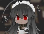  1girl :t alternate_costume apron bell black_dress blurry blurry_background chewing closed_mouth collar commentary_request dark-skinned_female dark_skin dress enmaided frilled_apron frilled_dress frilled_sleeves frills gloves grey_hair hair_between_eyes hair_flaps jingle_bell kisaragi_kaya long_hair looking_at_viewer maid maid_headdress metal_collar motion_lines neck_bell original puffy_short_sleeves puffy_sleeves red_eyes short_sleeves solo translation_request upper_body white_apron white_gloves yste 