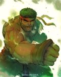  1boy artist_name beard belt black_belt black_hair clenched_hands facial_hair fighting_stance gloves headband highres male_focus muscular muscular_male pants parted_lips quasimodox red_headband ryu_(street_fighter) short_hair street_fighter street_fighter_6 sweat topless_male white_pants 