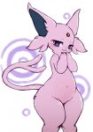  1girl :3 animal_ears animal_hands artist_name blush body_fur bright_pupils closed_mouth commentary dated espeon extra_breasts flat_chest forked_tail furry furry_female groin half-closed_eyes hands_up happy highres ingi knees_together_feet_apart looking_at_viewer navel nipples nose_blush own_hands_together personification pink_fur pokemon pokemon_(creature) purple_eyes signature smile solo standing stomach tail thick_thighs thighs white_background white_pupils wide_hips 