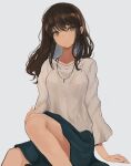  1girl bangs blue_skirt breasts brown_hair closed_mouth grey_background grey_eyes hair_between_eyes head_tilt hinomaru_(futagun) long_hair long_sleeves looking_at_viewer original shirt simple_background skirt small_breasts solo white_shirt 