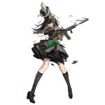  1girl assault_rifle black_dress black_footwear black_hair black_socks bow bullet closed_mouth colored_shoe_interior dress dress_bow floating_hair full_body girls&#039;_frontline green_bow green_hair grey_eyes gun hat hat_feather highres holding holding_gun holding_magazine_(weapon) holding_weapon kneehighs legs_apart long_hair long_sleeves looking_at_viewer m4_carbine m4a1_(girls&#039;_frontline) m4a1_(sunshine_through_the_pines)_(girls&#039;_frontline) magazine_(weapon) marching_band multicolored_hair nunuan official_alternate_costume official_art rifle shako_cap shoe_dangle simple_background smile smoke smoking_gun socks solo standing straight-on streaked_hair torn_bow torn_clothes torn_dress transparent_background trigger_discipline weapon 