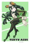  1girl absurdres artist_name asui_tsuyu black_eyes black_hair bodysuit boku_no_hero_academia breasts character_name frog_girl full_body gloves goggles goggles_on_head green_background green_hair hair_rings highres long_hair long_tongue looking_at_viewer low-tied_long_hair medium_breasts simple_background solo tongue tongue_out very_long_hair wheather white_gloves 