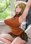  1girl absurdres armpits arms_up ashley_graham blonde_hair blush breasts covered_nipples day english_commentary green_eyes highres indoors large_breasts looking_at_viewer miniskirt mute_(mute89539160) on_bed open_mouth orange_shirt pleated_skirt resident_evil resident_evil_4 shirt short_hair sitting skirt sleeveless sleeveless_shirt solo steaming_body striped striped_skirt sweat swept_bangs window 
