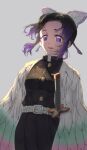  1girl belt breasts butterfly_hair_ornament buttons demon_slayer_uniform grey_background hair_ornament haori ico6 jacket japanese_clothes katana kimetsu_no_yaiba kochou_shinobu long_sleeves looking_at_viewer open_mouth parted_bangs purple_eyes purple_hair short_hair simple_background solo sword weapon white_belt 