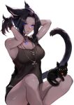  1girl absurdres aira_saunar animal_ears black_cat black_hair blue_eyes breasts cat cat_ears cat_tail colored_skin english_commentary final_fantasy final_fantasy_xiv fingerless_gloves gloves grey_skin highres jewelry large_breasts looking_at_viewer midd_night miqo&#039;te pendant short_hair shorts sitting solo tail tank_top tying_hair white_background 