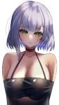  1girl :| absurdres bare_shoulders black_choker black_dress blush bob_cut breasts choker cleavage closed_mouth collarbone dress genshin_impact green_eyes grey_background halterneck highres katagirinanoka large_breasts looking_at_viewer noelle_(genshin_impact) off-shoulder_shirt off_shoulder purple_hair shirt short_hair sidelocks solo upper_body 