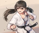  1girl bandaged_fingers bandages belt black_belt black_hair breasts clenched_hand collarbone dougi floating_hair grey_sports_bra idolmaster idolmaster_cinderella_girls kamille_(vcx68) looking_to_the_side medium_breasts nakano_yuka redrawn solo sports_bra sweatdrop twintails 