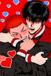  2boys :d bishounen black_eyes black_hair black_jacket blush couple heart highres hug hug_from_behind jacket laughing looking_at_viewer male_focus multicolored_clothes multiple_boys one_eye_closed open_mouth red_background red_hair rukawa_kaede sakuragi_hanamichi short_hair simple_background slam_dunk_(series) smile tenbatsutown toned toned_male yaoi 