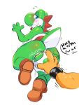 ambiguous_gender anthro blush bodily_fluids bowser bracelet butt clothing disembodied_hand duo egg egg_insertion footwear green_body jewelry koopa mario_bros nintendo rear_view scalie shoes simple_background tongue tongue_out white_background xxbrewbeastxx yoshi yoshi_egg 