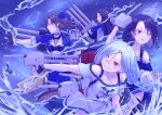  4girls ahoge arizona_(azur_lane) azur_lane bandaid bandaid_on_face bandaid_on_nose bare_shoulders black_gloves black_hair black_shirt cassin_(azur_lane) downes_(azur_lane) fingerless_gloves gloves grin gun hair_ornament hairclip heterochromia holding holding_gun holding_weapon long_hair mole mole_under_eye multiple_girls open_mouth pennsylvania_(azur_lane) red_eyes shirt smile turret twitter_username water weapon white_hair white_shirt yellow_eyes yunana_seki 