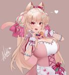  1girl absurdres ainya_(vtuber) animal_ears apron blonde_hair bow breasts brown_background cat_ears cat_tail cleavage commentary_request dated english_commentary fang hair_bow hair_ornament heart heart_hands highres indie_virtual_youtuber large_breasts long_hair looking_at_viewer natch_imaycz open_mouth red_eyes short_sleeves signature simple_background slit_pupils solo tail upper_body waist_apron white_apron wrist_cuffs x_hair_ornament 