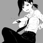  1girl black_hair black_necktie blood blood_on_knife chainsaw_man collared_shirt grey_background greyscale higashiyama_kobeni highres holding holding_knife knife kurosaki_yo looking_at_viewer mole mole_on_cheek mole_under_eye mole_under_mouth monochrome multiple_moles necktie open_mouth shirt shirt_tucked_in short_hair short_ponytail simple_background single_sidelock solo v 