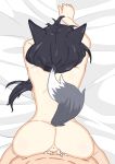  1boy 1girl animal_ears ass azur_lane back black_hair completely_nude cum cum_in_pussy deep_penetration doggystyle grey_tail highres nude on_bed ponytail sbeve2004 sex sheet_grab shigure_(azur_lane) tail 
