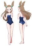  1girl ass bare_arms bare_legs barefoot blue_one-piece_swimsuit blush breasts brown_hair clenched_hand closed_mouth collarbone commentary_request eyelashes grey_eyes hair_bobbles hair_ornament hand_up jasmine_(pokemon) kneepits knees long_hair looking_at_viewer multiple_views one-piece_swimsuit pokemon pokemon_(game) pokemon_gsc saitou_teikoku shoulder_blades simple_background smile swimsuit toes two_side_up white_background 