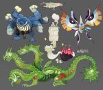  belt black_eyes claws clenched_hands commentary extra_arms grey_background highres hydra mare_(notamato) masquerain no_humans o_o open_mouth pokemon pokemon_(creature) poliwrath pyukumuku reuniclus simple_background sparkle spiral twitter_username watermark 