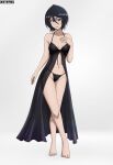  1girl artist_name bare_legs bare_shoulders black_hair black_panties bleach breasts brown_eyes crossed_legs hair_between_eyes hand_on_own_chest highres kuchiki_rukia lingerie mistowing negligee panties short_hair small_breasts solo standing thong underwear 