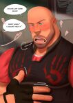  1boy absurdres alcornoz_meow bald bara beard_stubble blood blood_on_clothes blood_on_pectorals bloody_handprints blush collared_shirt english_text heavy_(tf2) highres implied_yaoi large_hands large_pectorals male_focus motion_lines muscular muscular_male mustache_stubble pectorals saliva shirt solo sunlight team_fortress_2 upper_body 