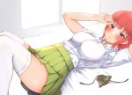  1girl arm_up blue_eyes blunt_bangs blush breasts butterfly_hair_ornament commentary curvy dress_shirt eyelashes feet_out_of_frame from_side go-toubun_no_hanayome green_skirt hair_down hair_ornament hand_up high-waist_skirt highres indoors kakato_0 knees_up large_breasts looking_at_viewer lying miniskirt nakano_nino on_back on_bed open_mouth pleated_skirt school_uniform shiny_skin shirt short_hair short_sleeves sidelocks skirt solo thighhighs thighs tsurime unworn_hair_ornament white_shirt white_thighhighs window zettai_ryouiki 