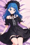  1girl ahoge alternate_hairstyle black_bow black_dress blue_eyes blue_hair blunt_bangs bonnet bow cut_bangs dress frilled_dress frilled_hairband frills hair_down hairband halter_dress halterneck highres hirogaru_sky!_precure kousuke0912 lying medium_hair on_back parted_lips precure single_sidelock skirt_hold solo sora_harewataru thighlet 