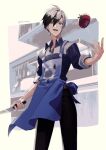  1boy apron bishounen black_hair black_shirt blue_eyes character_request cowboy_shot edo-sama highres kitchen kitchen_knife knife male_focus shirt short_hair smile solo tales_of_(series) tales_of_xillia tales_of_xillia_2 tomato 