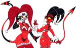  anthro blitzo_(helluva_boss) breasts christmas christmas_clothing claws clothing crossgender demon duo female female/female fizzarolli_(helluva_boss) helluva_boss hi_res holidays horn imp multicolored_body open_mouth open_smile red_body red_eyes simple_background skeleslay smile tail thick_thighs tongue two_tone_body white_background white_body 