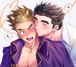 ! 2boys bara blue_eyes blush brown_hair closed_eyes collared_jacket collared_shirt commentary doku_(hitori_ox) heart highres horns jacket jacket_on_shoulders kiss kissing_cheek long_sideburns looking_at_another male_focus multiple_boys muscular muscular_male one_eye_closed open_mouth protagonist_3_(housamo) purple_jacket robinson_(housamo) shirt short_hair sideburns simple_background spoken_exclamation_mark spoken_heart surprised sweat teeth thick_eyebrows tokyo_afterschool_summoners upper_body upper_teeth_only white_background white_shirt yaoi 