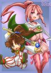  2girls aged_up black_choker brown_hair cape choker dual_persona earrings final_fantasy final_fantasy_iv highres jewelry long_hair looking_at_viewer multiple_girls open_mouth pink_hair ponytail porom puddinghomhom smile staff thighhighs 