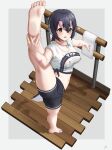  1girl absurdres alternate_costume arm_up bandaid bandaid_on_arm bandaid_on_foot bandaid_on_hand bandaid_on_knee bandaid_on_leg bare_arms bare_legs barefoot bird_tail black_hair blush border breasts brown_eyes commentary_request covered_nipples cropped_shirt deku_suke dripping feet fingernails flexible from_above full_body furrowed_brow grey_hair gym_shirt gym_shorts hair_between_eyes headphones highres holding_leg humboldt_penguin_(kemono_friends) jewelry kemono_friends leaning_to_the_side leg_hold leg_lift leg_up legs medium_hair midriff multicolored_hair navel open_mouth outside_border outstretched_arm parted_bangs pendant penguin_tail pink_hair railing shirt short_sleeves shorts soles solo sparkling_sweat split standing standing_on_one_leg standing_split stomach sweat tail toes wet wet_clothes wet_shirt white_border wooden_floor zipper zipper_pull_tab 