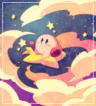  blue_background blue_eyes blush_stickers checkered_background closed_mouth cloud colored_skin commentary_request kirby kirby_(series) looking_at_viewer no_humans pink_skin red_footwear riding shirushiki shoes sitting sky smile solo star_(sky) star_(symbol) starry_sky warp_star 